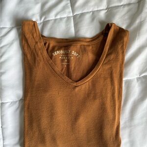 Rustic Brown Ribbed V-Neck Long Sleeve Tee